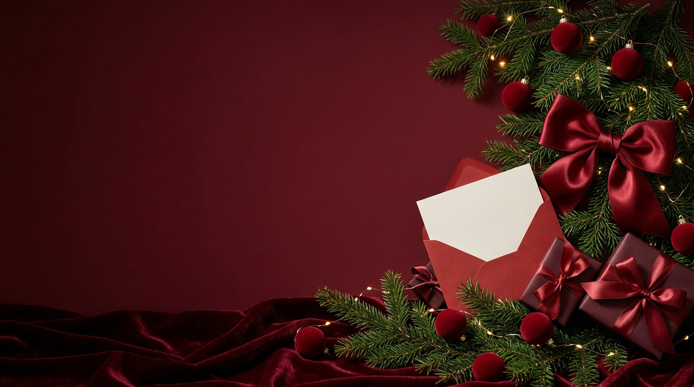 Burgundy gift boxes, satin ribbons and evergreen branches