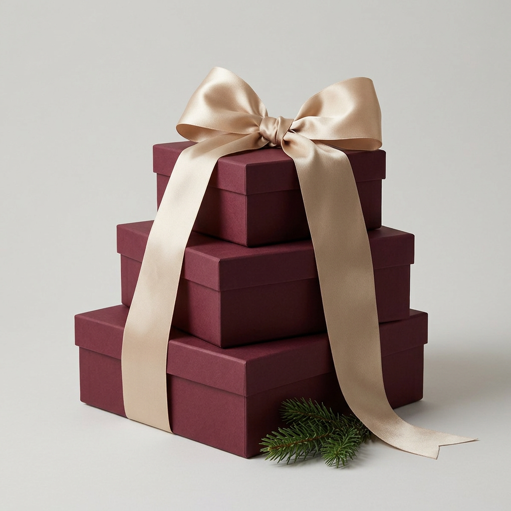 Three burgundy presents with a champagne satin bow